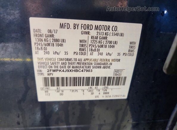 2FMPK4J9XHBC47903 2017 FORD EDGE Blue Widok naklejki z numerem VIN
