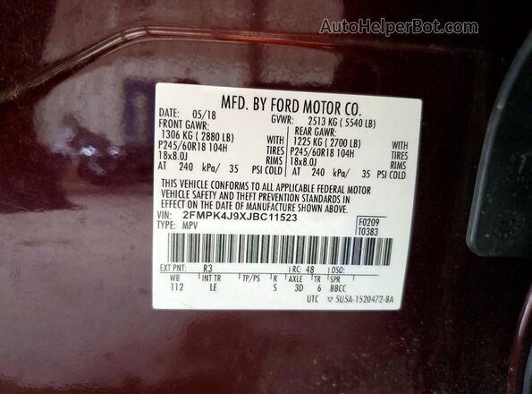2FMPK4J9XJBC11523 2018 FORD EDGE Burgundy Սալոնի 360 աստիճան տեսք