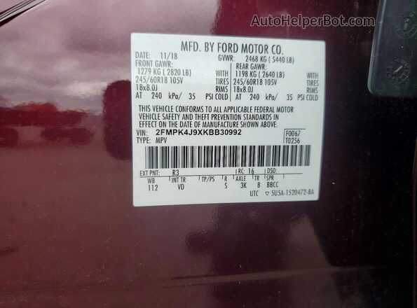 2FMPK4J9XKBB30992 2019 FORD EDGE Burgundy Вид наклейки з VIN-кодом