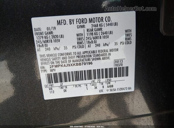 2FMPK4J9XKBB70196 2019 FORD EDGE Серый Вид подкапотного пространства