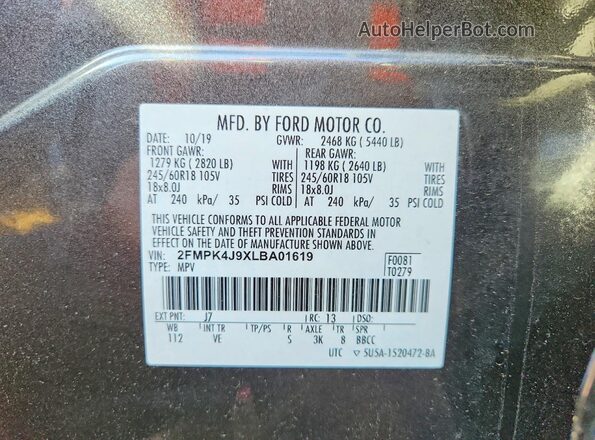2FMPK4J9XLBA01619 2020 FORD EDGE Gray Widok naklejki z numerem VIN