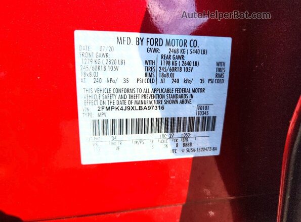2FMPK4J9XLBA97316 2020 FORD EDGE Red Շարժիչի բաժամունքի տեսք