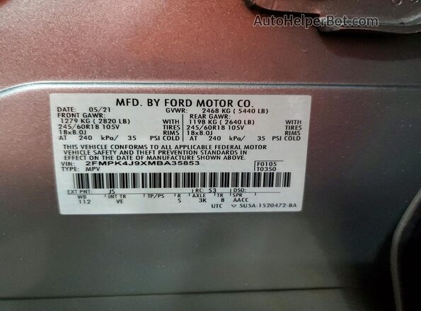2FMPK4J9XMBA35853 2021 FORD EDGE Silver VIN კოდის სტიკერის ხედი
