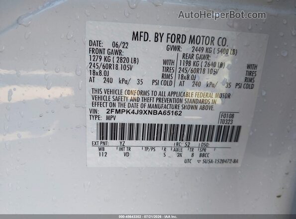 2FMPK4J9XNBA65162 2022 FORD EDGE White Вид підкапотного простору
