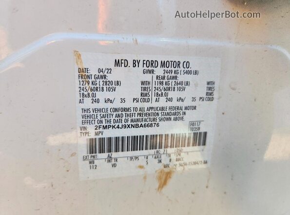 2FMPK4J9XNBA66876 2022 FORD EDGE White VIN sticker view