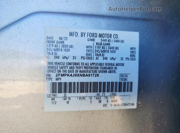 2FMPK4J9XNBA91728 2022 FORD EDGE White Widok naklejki z numerem VIN