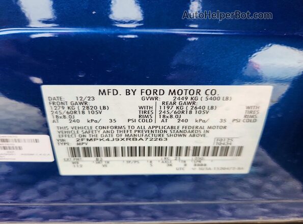 2FMPK4J9XRBA72263 2024 FORD EDGE Синий Вид подкапотного пространства