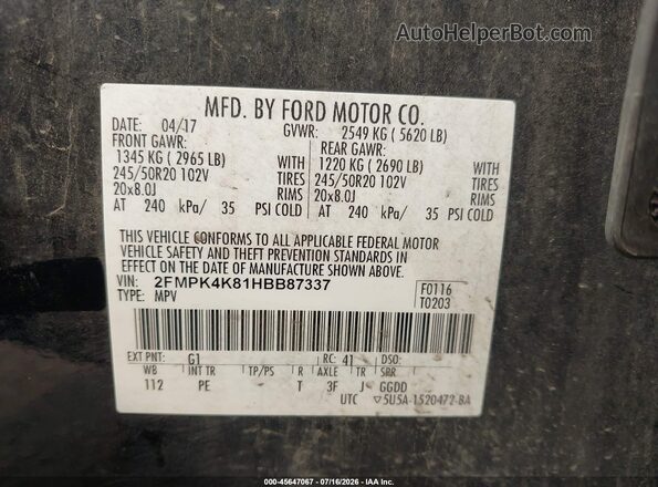 2FMPK4K81HBB87337 2017 FORD EDGE Black Vista del compartimento del motor