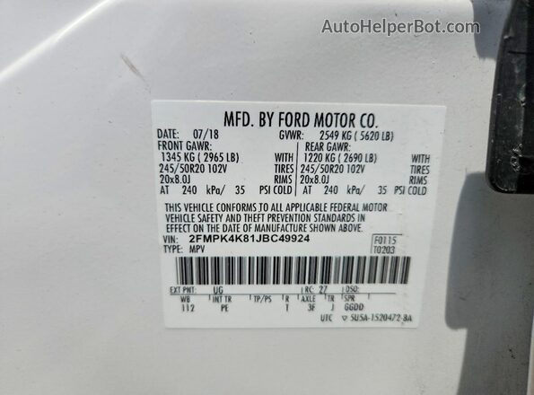 2FMPK4K81JBC49924 2018 FORD EDGE White Սալոնի 360 աստիճան տեսք