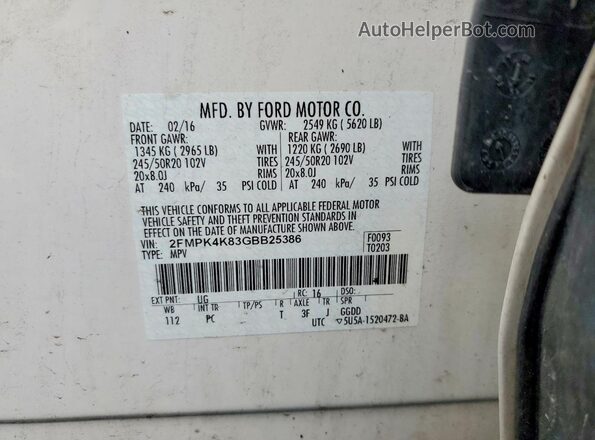 2FMPK4K83GBB25386 2016 FORD EDGE White Սալոնի 360 աստիճան տեսք