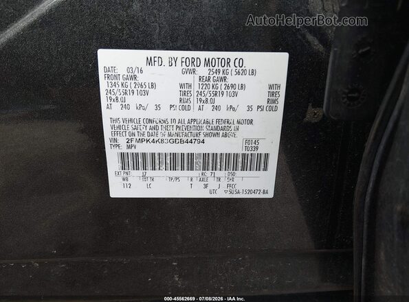 2FMPK4K83GBB44794 2016 FORD EDGE Серый Вид подкапотного пространства