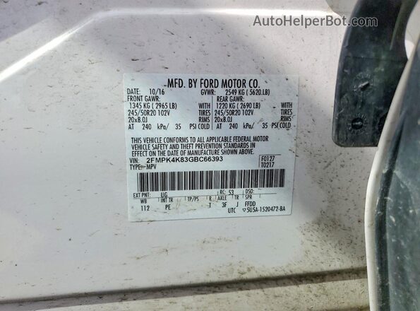 2FMPK4K83GBC66393 2016 FORD EDGE White Vista de la etiqueta del VIN