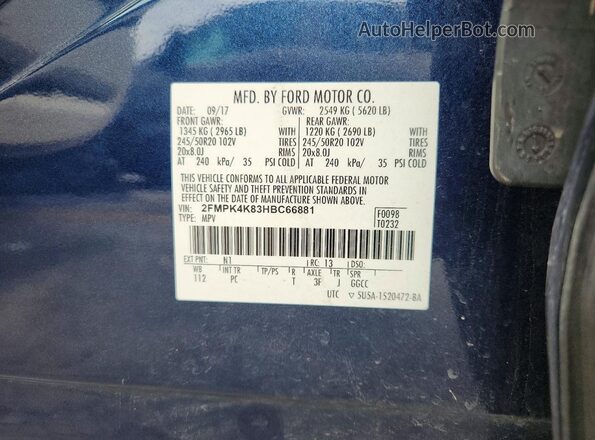 2FMPK4K83HBC66881 2017 FORD EDGE Blue Widok naklejki z numerem VIN