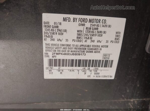 2FMPK4K83JBB59173 2018 FORD EDGE Серый Вид подкапотного пространства