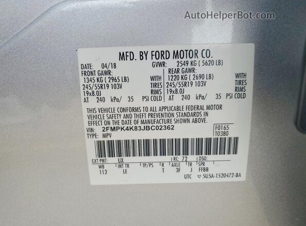 2FMPK4K83JBC02362 2018 FORD EDGE Серебряный Вид подкапотного пространства