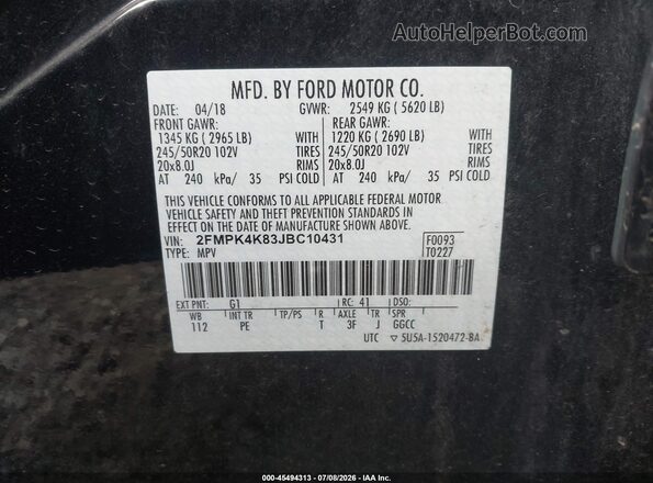 2FMPK4K83JBC10431 2018 FORD EDGE Black Vista del compartimento del motor