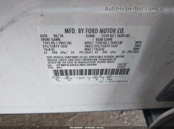 2FMPK4K83JBC30596 2018 FORD EDGE White Engine compartment view