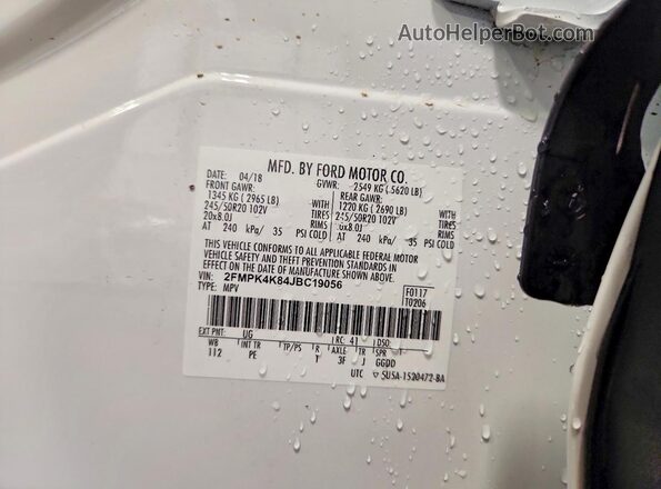 2FMPK4K84JBC19056 2018 FORD EDGE White Widok naklejki z numerem VIN