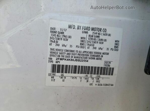 2FMPK4K86JBB22554 2018 FORD EDGE White VIN sticker view