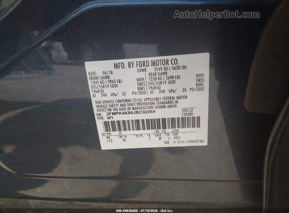 2FMPK4K86JBC02064 2018 FORD EDGE Light Blue ძრავის განყოფილების ხედი