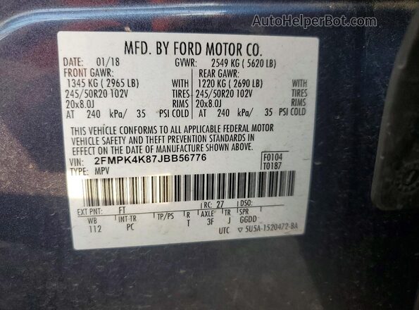 2FMPK4K87JBB56776 2018 FORD EDGE Blue Вид підкапотного простору