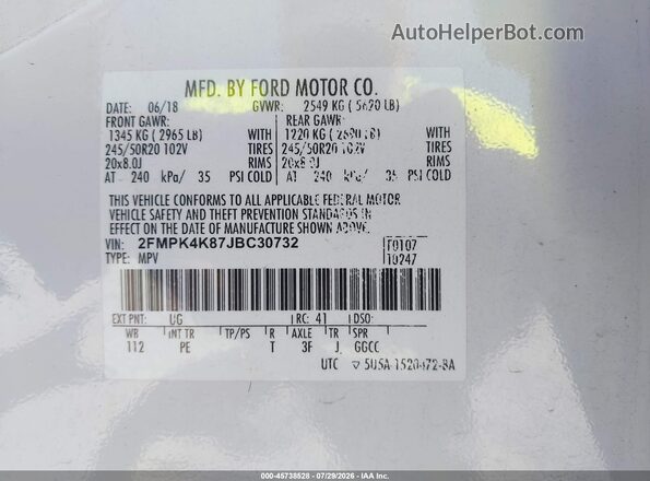 2FMPK4K87JBC30732 2018 FORD EDGE Белый Вид подкапотного пространства