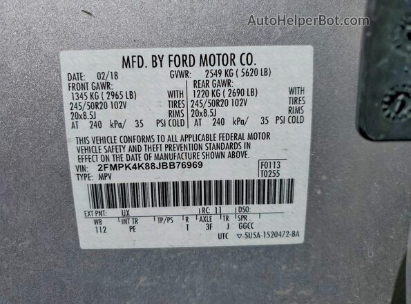 2FMPK4K88JBB76969 2018 FORD EDGE Silver Vista de la etiqueta del VIN