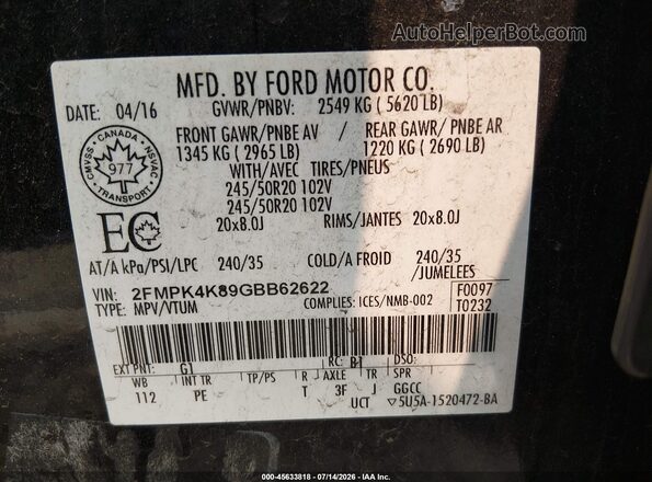 2FMPK4K89GBB62622 2016 FORD EDGE Black ძრავის განყოფილების ხედი