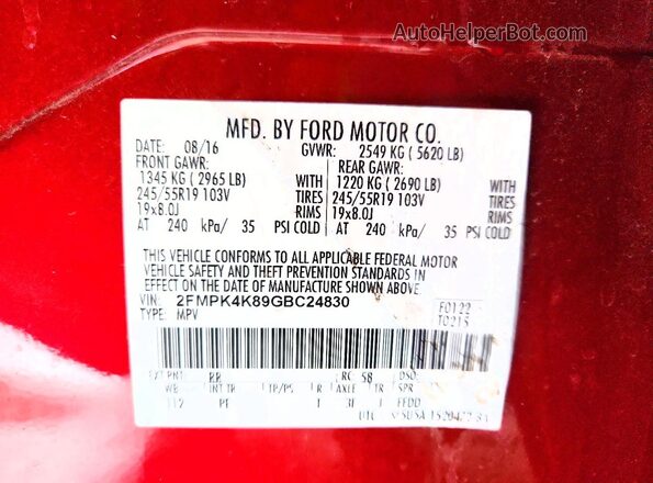 2FMPK4K89GBC24830 2016 FORD EDGE Red Շարժիչի բաժամունքի տեսք