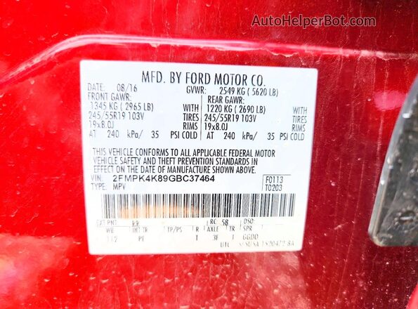 2FMPK4K89GBC37464 2016 FORD EDGE Красный Вид наклейки с VIN-кодом