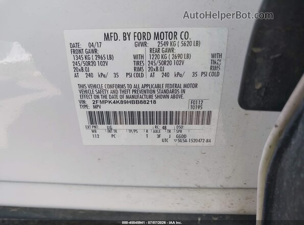 2FMPK4K89HBB88218 2017 FORD EDGE White Widok komory silnika