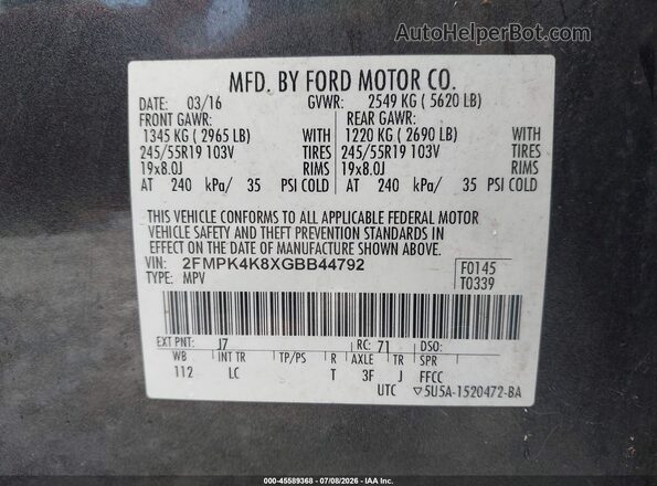 2FMPK4K8XGBB44792 2016 FORD EDGE Gray Շարժիչի բաժամունքի տեսք