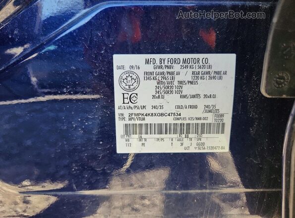 2FMPK4K8XGBC47534 2016 FORD EDGE Blue Շարժիչի բաժամունքի տեսք
