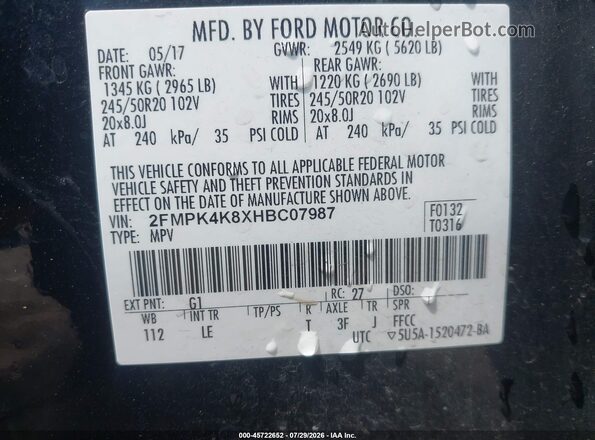 2FMPK4K8XHBC07987 2017 FORD EDGE Черный Вид подкапотного пространства