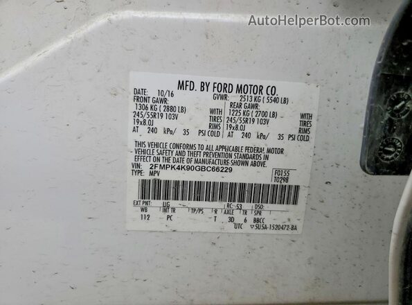 2FMPK4K90GBC66229 2016 FORD EDGE White Вид наклейки з VIN-кодом