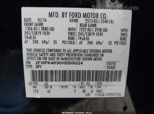 2FMPK4K90HBB06224 2017 FORD EDGE Black Widok komory silnika
