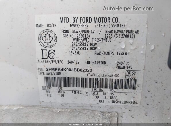 2FMPK4K90JBB82323 2018 FORD EDGE White ძრავის განყოფილების ხედი