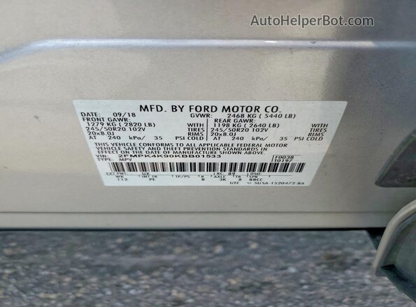 2FMPK4K90KBB01533 2019 FORD EDGE Silver Widok naklejki z numerem VIN