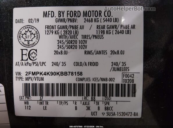 2FMPK4K90KBB78158 2019 FORD EDGE Gray Вид підкапотного простору