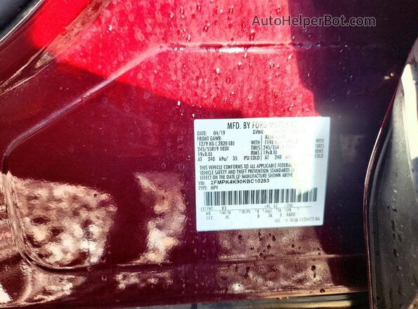 2FMPK4K90KBC10283 2019 FORD EDGE Burgundy Вид наклейки з VIN-кодом