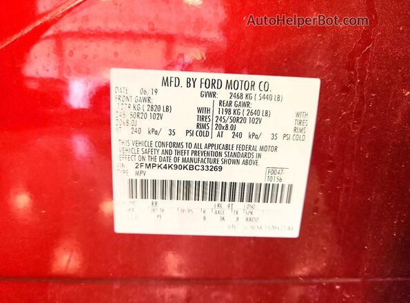 2FMPK4K90KBC33269 2019 FORD EDGE Red Vista interior de 360 grados
