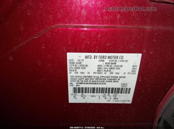 2FMPK4K90NBA35330 2022 FORD EDGE Burgundy Widok komory silnika