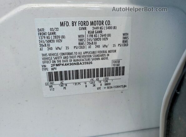 2FMPK4K90NBA35926 2022 FORD EDGE Белый Вид наклейки с VIN-кодом