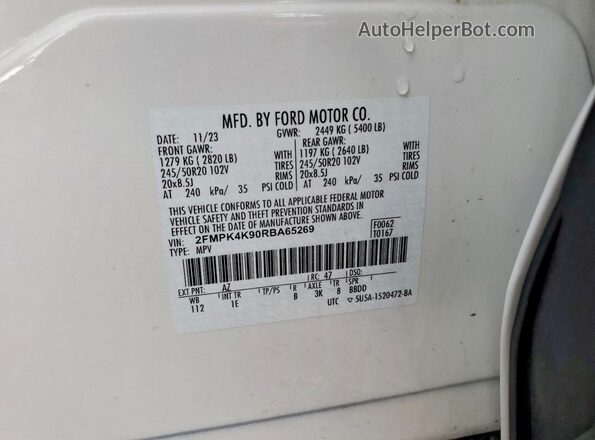 2FMPK4K90RBA65269 2024 FORD EDGE White სალონის 360-გრადუსიანი ხედი