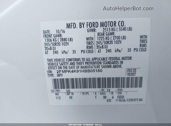 2FMPK4K91HBB05180 2017 FORD EDGE White ძრავის განყოფილების ხედი