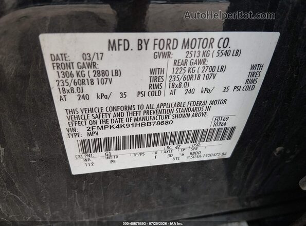 2FMPK4K91HBB78680 2017 FORD EDGE Черный Вид подкапотного пространства