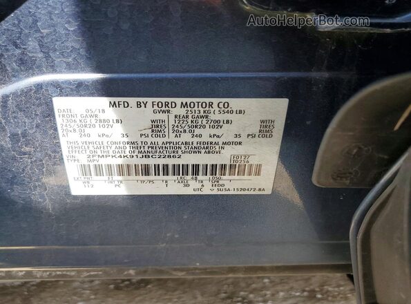2FMPK4K91JBC22862 2018 FORD EDGE Blue Вид наклейки з VIN-кодом