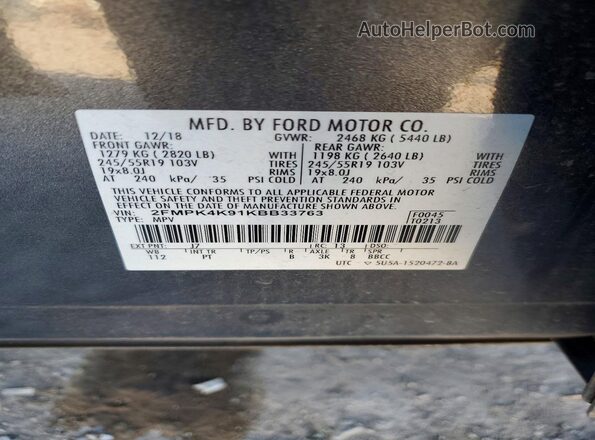 2FMPK4K91KBB33763 2019 FORD EDGE Teal Widok naklejki z numerem VIN