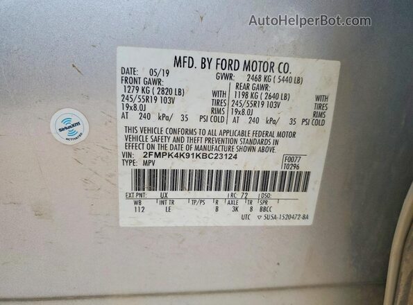 2FMPK4K91KBC23124 2019 FORD EDGE Silver Widok naklejki z numerem VIN