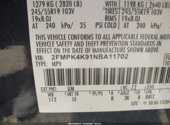 2FMPK4K91NBA11702 2022 FORD EDGE Black Вид підкапотного простору